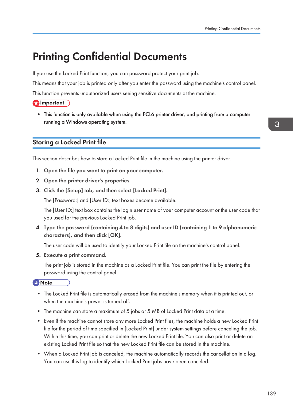 Printing confidential documents, Storing a locked print file | Ricoh SP3510SF User Manual | Page 141 / 476
