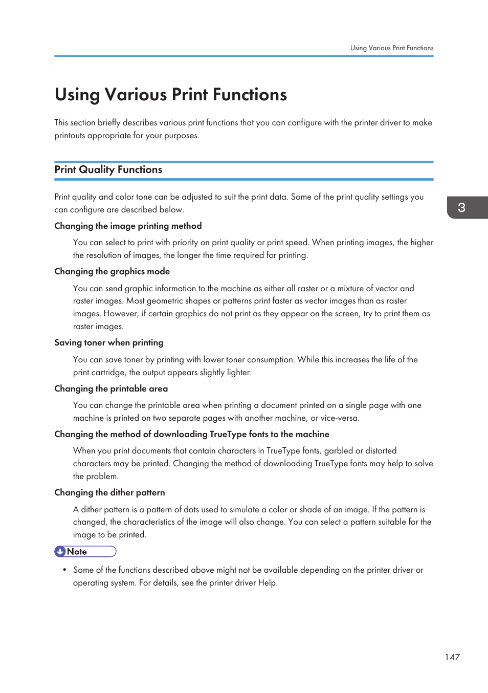 Using various print functions, Print quality functions | Ricoh SP3510SF User Manual | Page 149 / 476