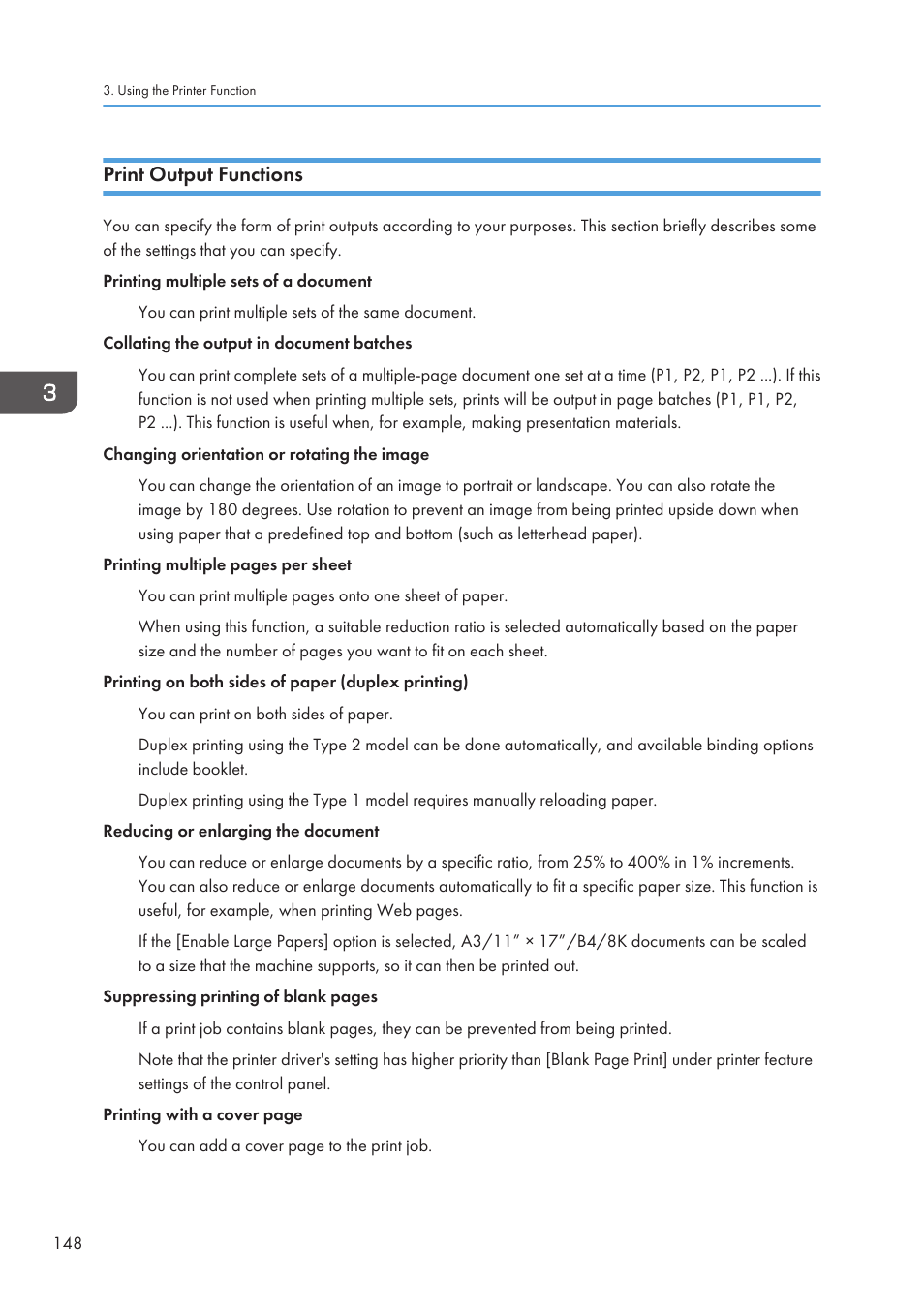 Print output functions | Ricoh SP3510SF User Manual | Page 150 / 476