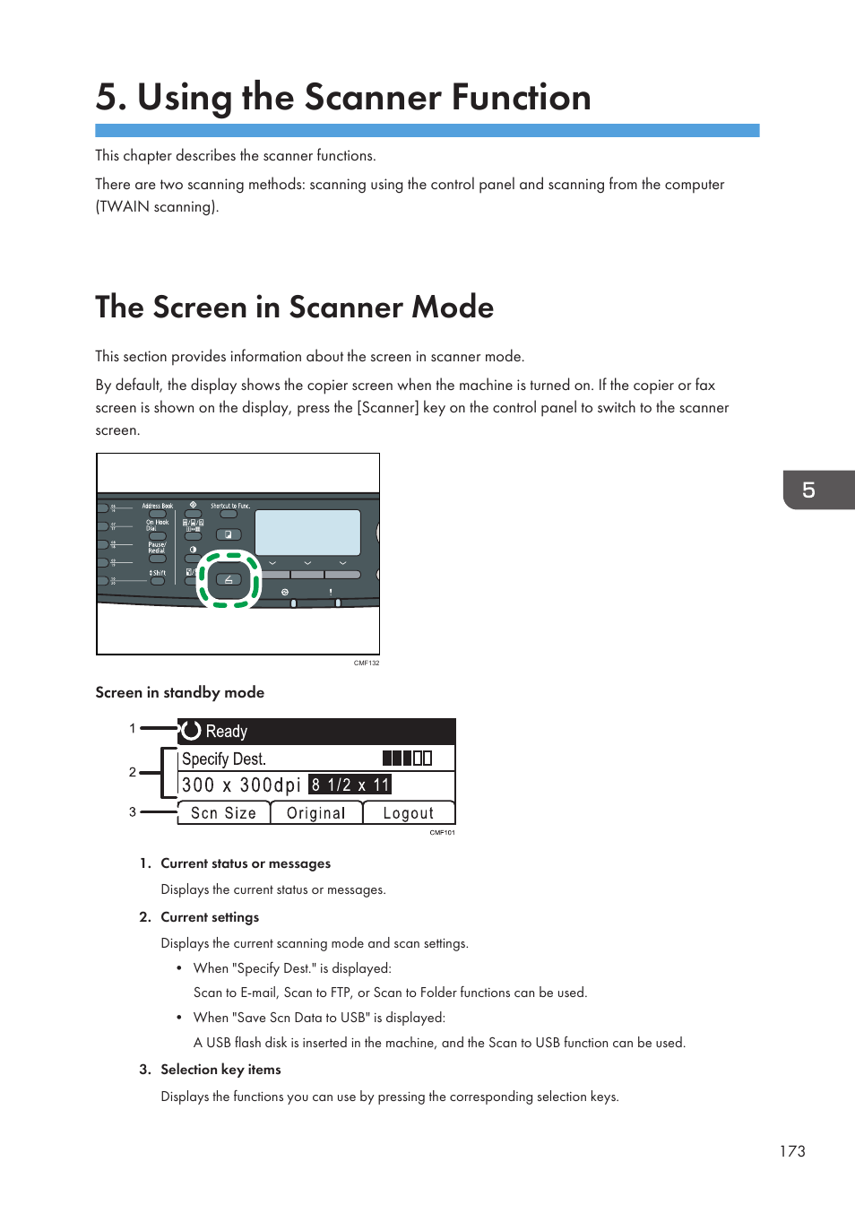 Using the scanner function, The screen in scanner mode | Ricoh SP3510SF User Manual | Page 175 / 476