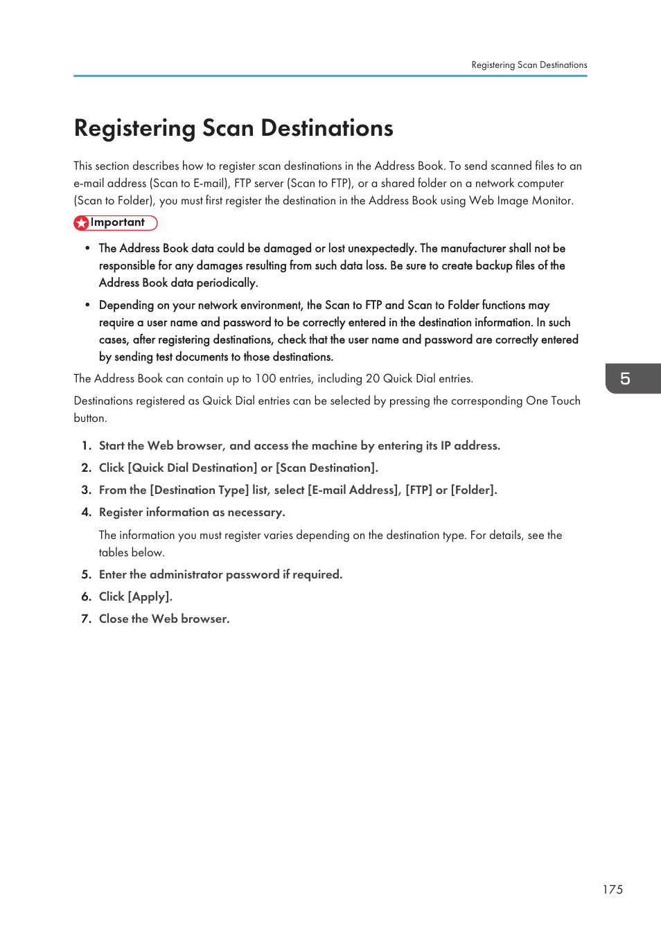 Registering scan destinations | Ricoh SP3510SF User Manual | Page 177 / 476