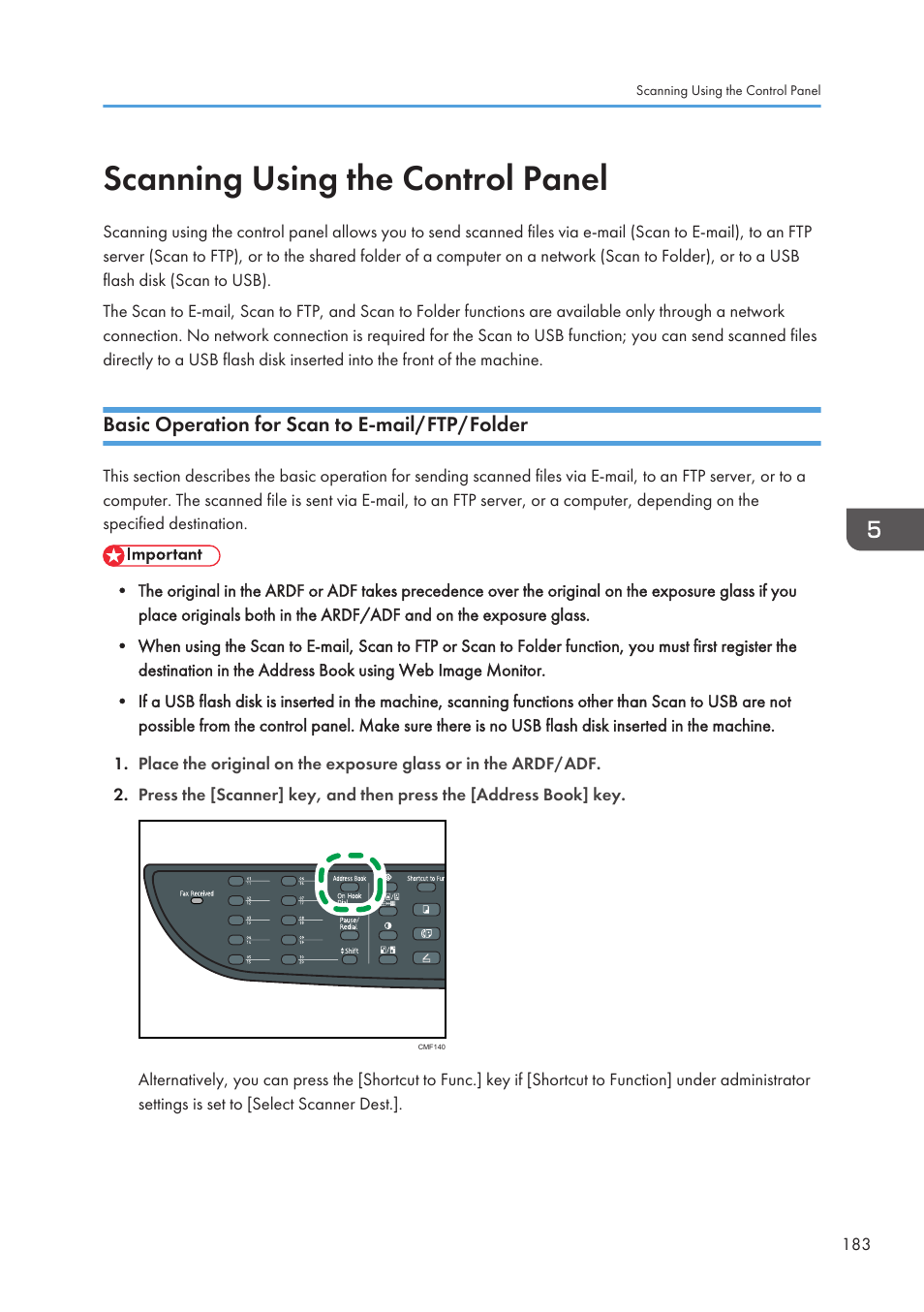 Scanning using the control panel, Basic operation for scan to e-mail/ftp/folder, Scan to e-mail/ftp/folder | Ricoh SP3510SF User Manual | Page 185 / 476