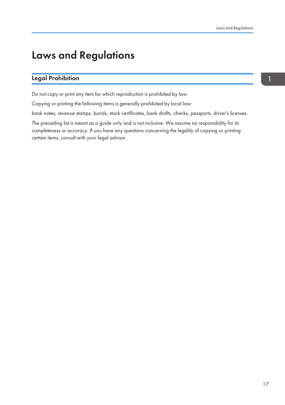 Laws and regulations, Legal prohibition | Ricoh SP3510SF User Manual | Page 19 / 476