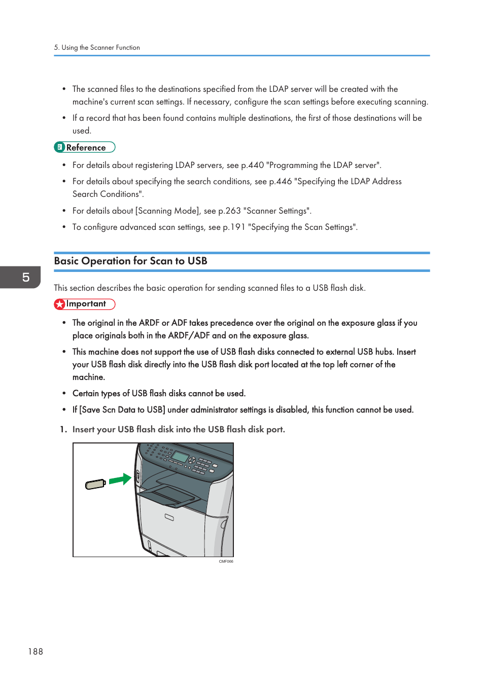 Basic operation for scan to usb | Ricoh SP3510SF User Manual | Page 190 / 476