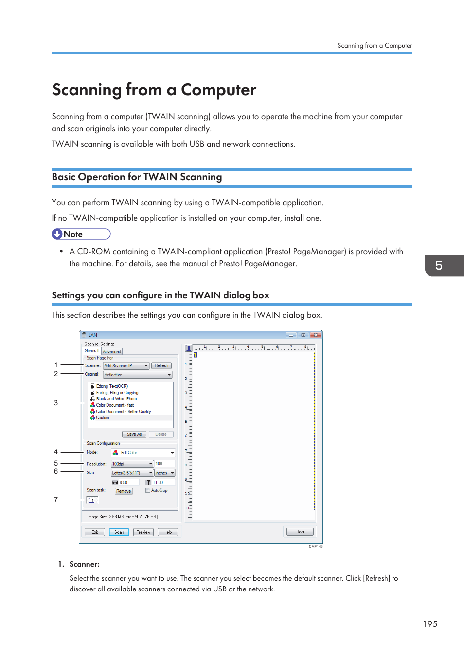 Scanning from a computer, Basic operation for twain scanning, Settings you can configure in the twain dialog box | Ricoh SP3510SF User Manual | Page 197 / 476