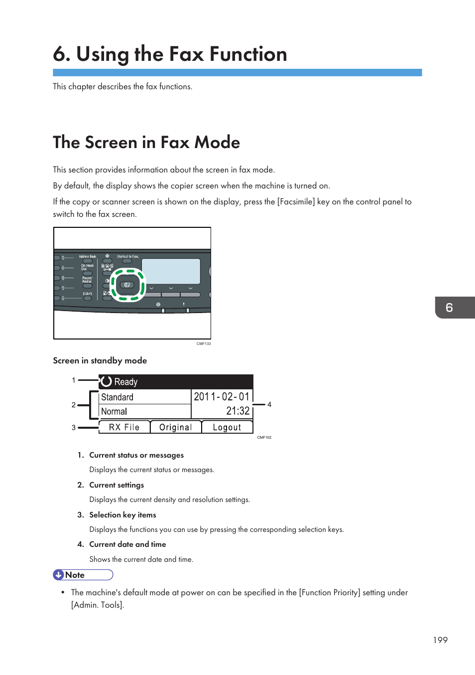 Using the fax function, The screen in fax mode | Ricoh SP3510SF User Manual | Page 201 / 476