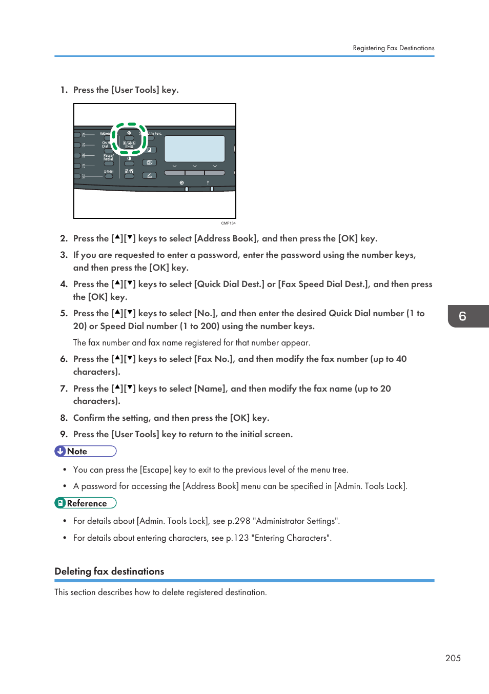 Deleting fax destinations | Ricoh SP3510SF User Manual | Page 207 / 476