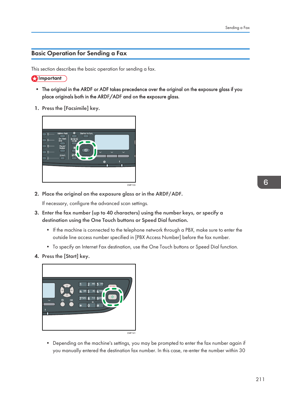 Basic operation for sending a fax | Ricoh SP3510SF User Manual | Page 213 / 476