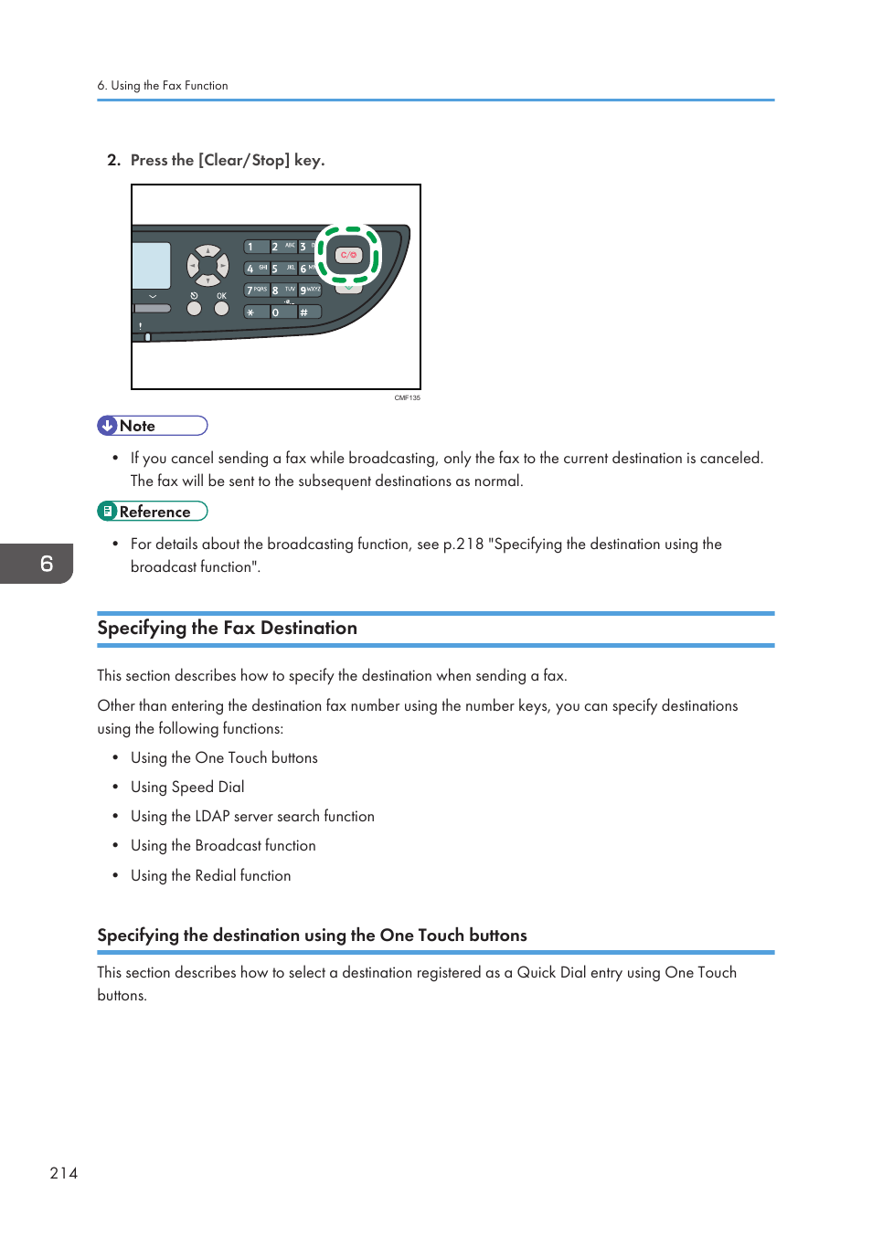 Specifying the fax destination | Ricoh SP3510SF User Manual | Page 216 / 476