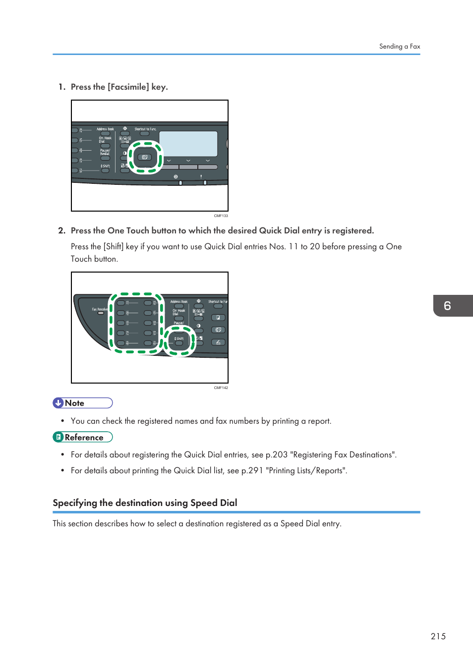 Specifying the destination using speed dial | Ricoh SP3510SF User Manual | Page 217 / 476