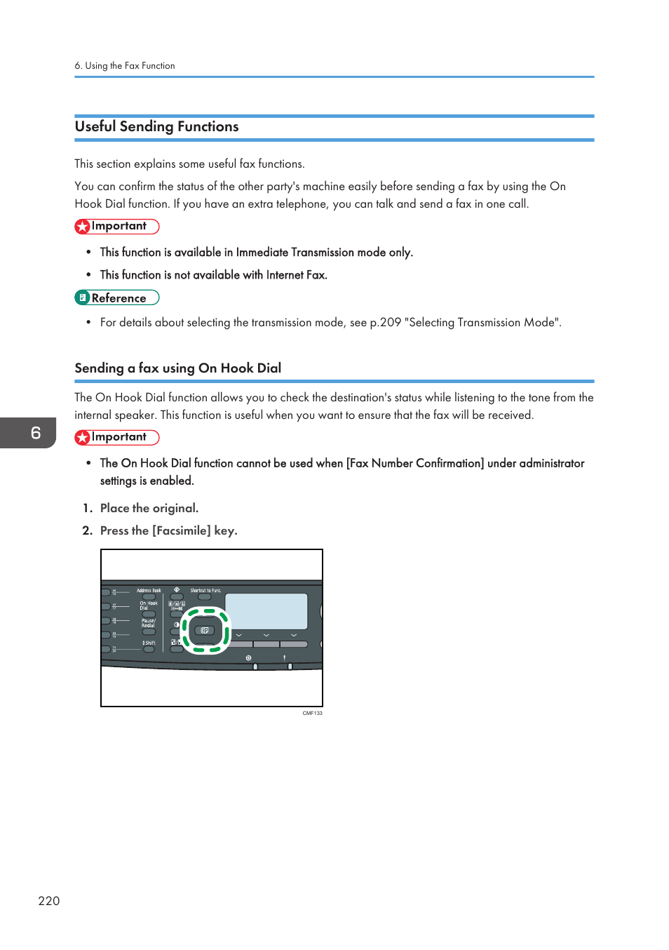 Useful sending functions, Sending a fax using on hook dial | Ricoh SP3510SF User Manual | Page 222 / 476