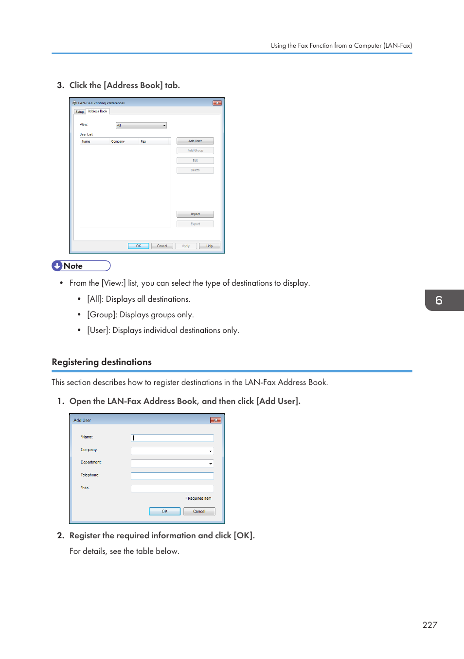 Registering destinations | Ricoh SP3510SF User Manual | Page 229 / 476