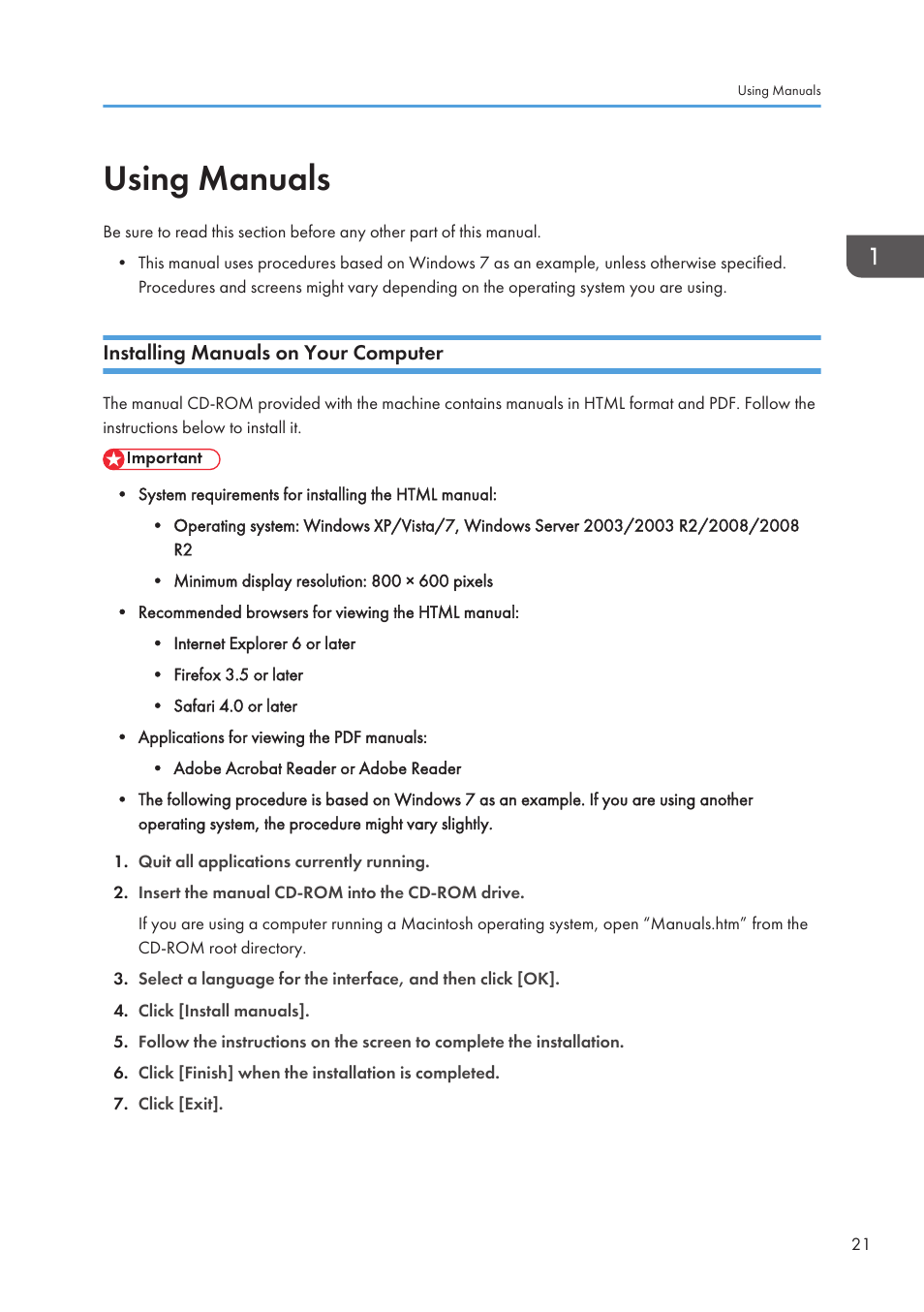 Using manuals, Installing manuals on your computer | Ricoh SP3510SF User Manual | Page 23 / 476