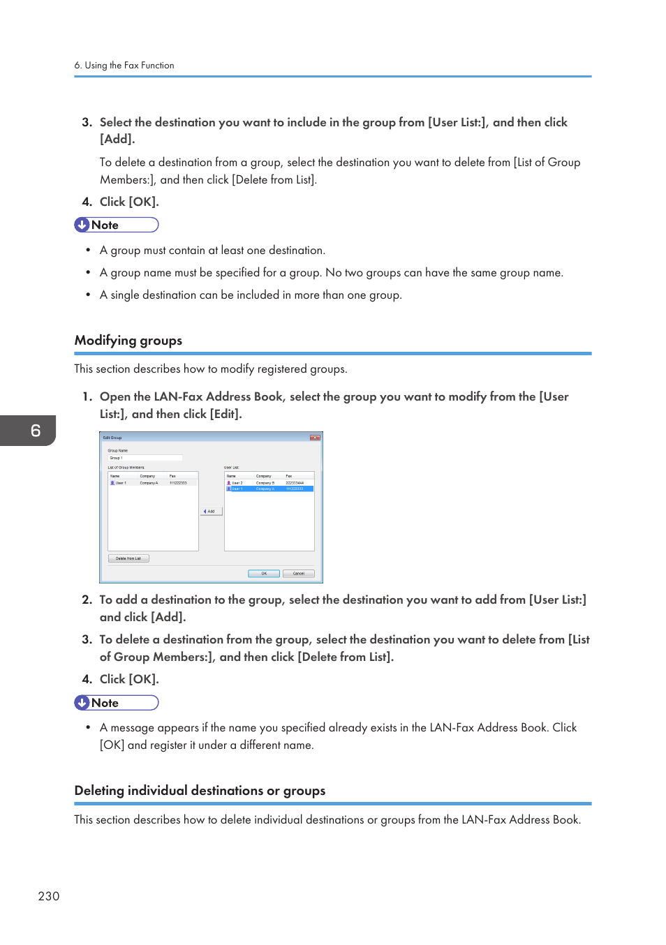Modifying groups, Deleting individual destinations or groups | Ricoh SP3510SF User Manual | Page 232 / 476