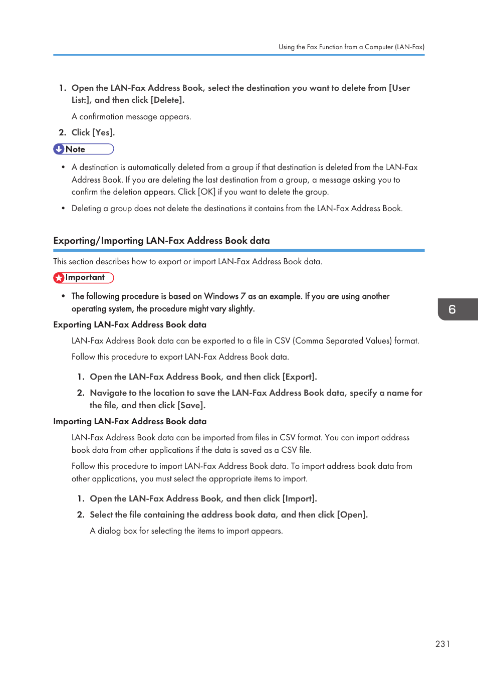 Exporting/importing lan-fax address book data | Ricoh SP3510SF User Manual | Page 233 / 476