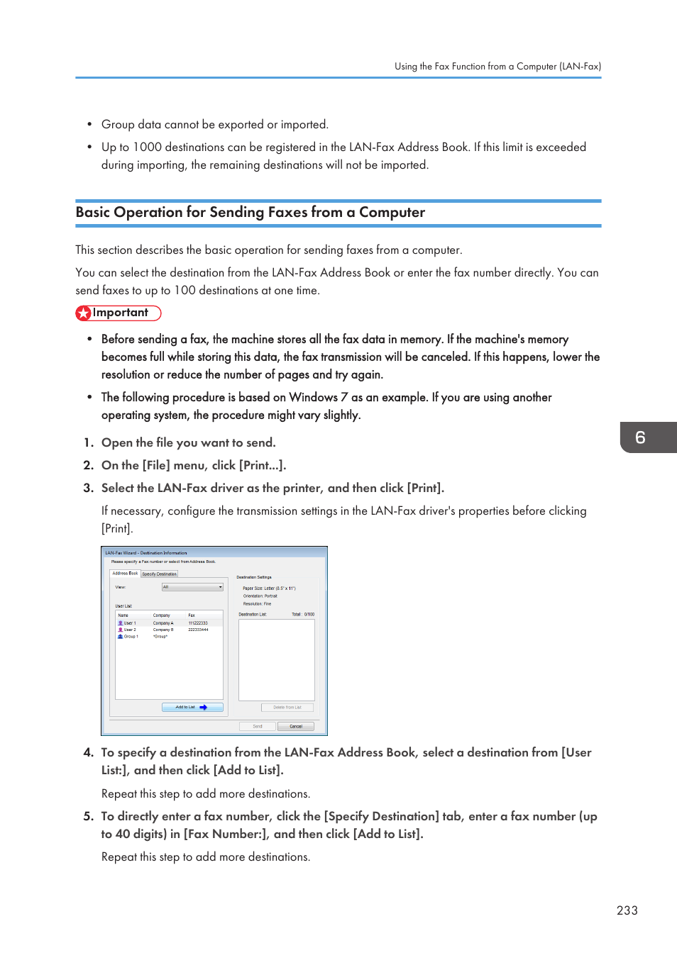 Basic operation for sending faxes from a computer | Ricoh SP3510SF User Manual | Page 235 / 476