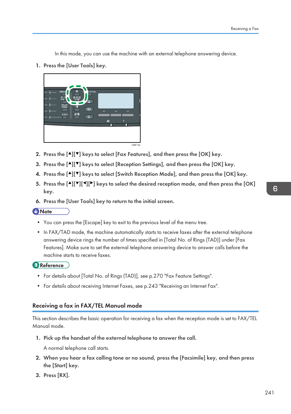 Receiving a fax in fax/tel manual mode | Ricoh SP3510SF User Manual | Page 243 / 476