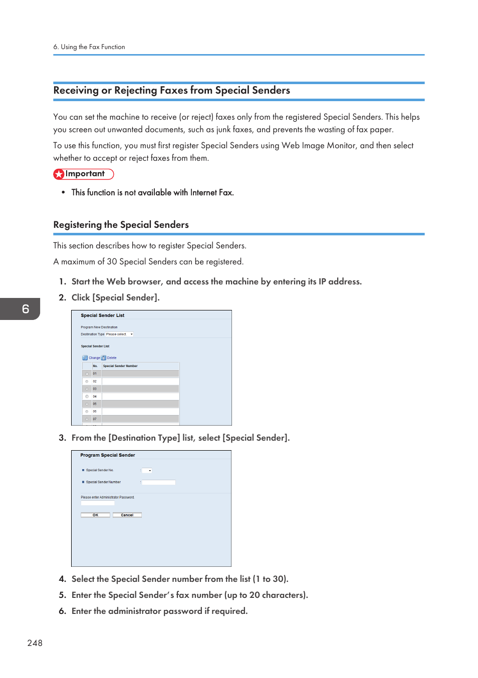 Receiving or rejecting faxes from special senders, Registering the special senders | Ricoh SP3510SF User Manual | Page 250 / 476
