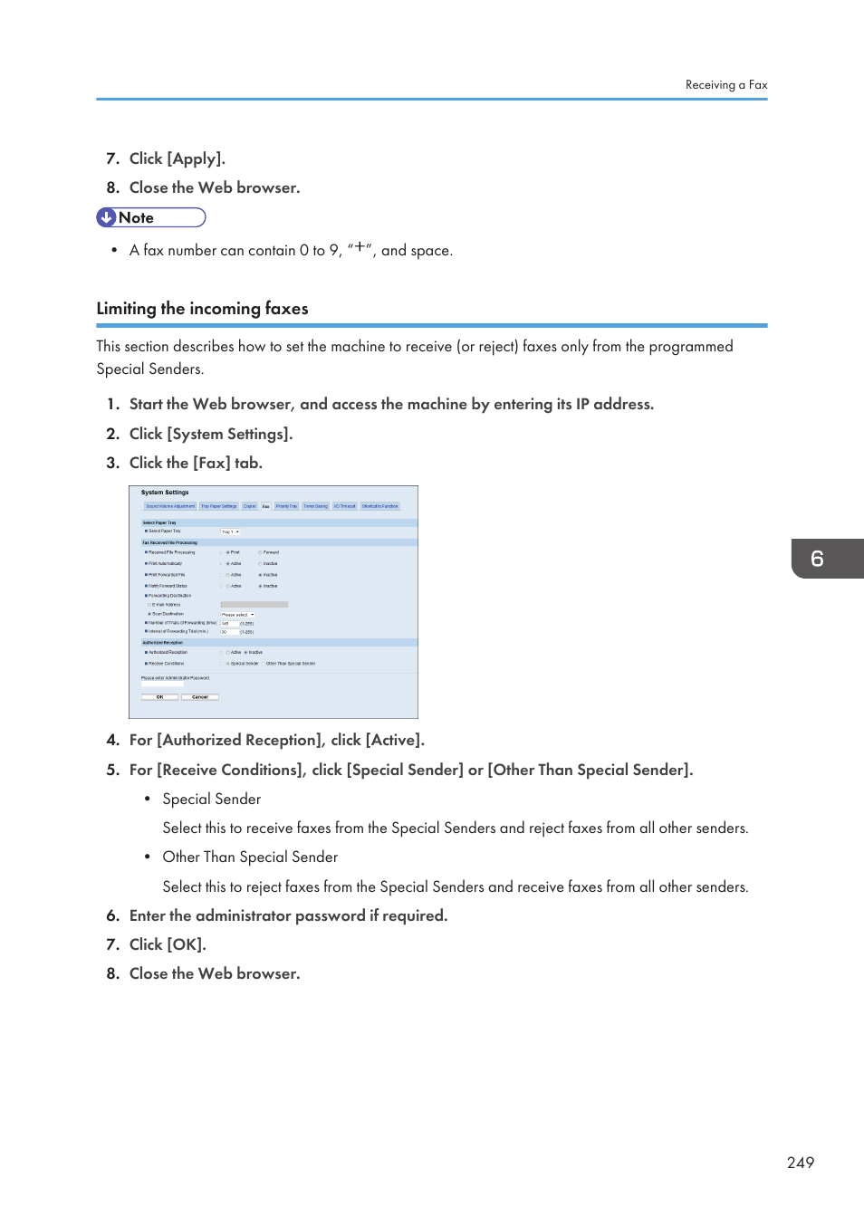 Limiting the incoming faxes | Ricoh SP3510SF User Manual | Page 251 / 476