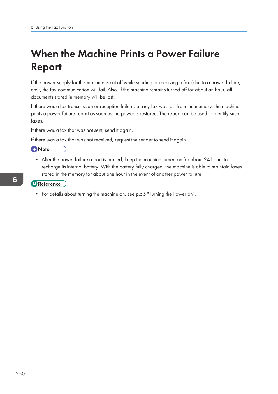 When the machine prints a power failure report | Ricoh SP3510SF User Manual | Page 252 / 476