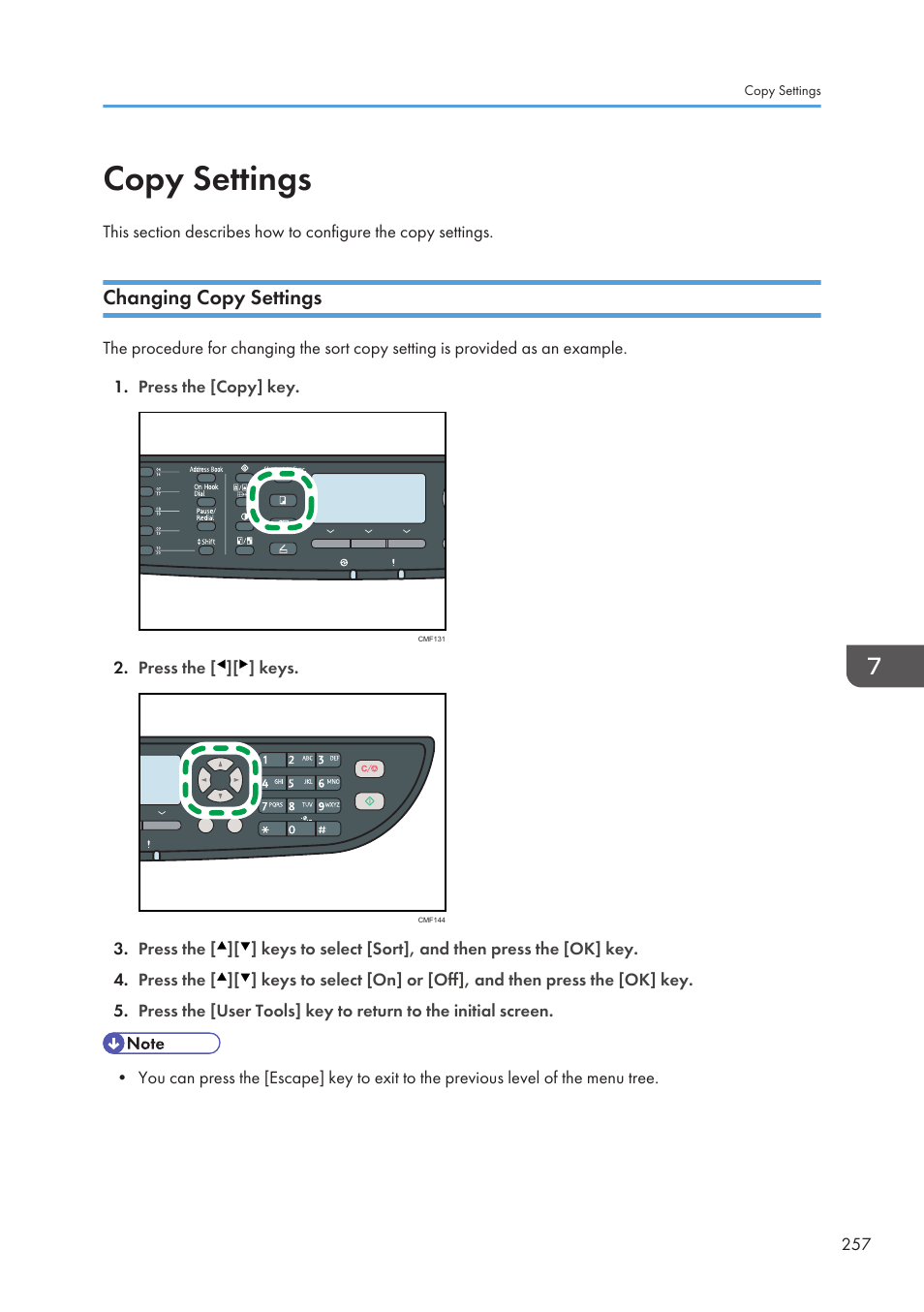 Copy settings, Changing copy settings, For details, see p.257 "copy settings | Ricoh SP3510SF User Manual | Page 259 / 476