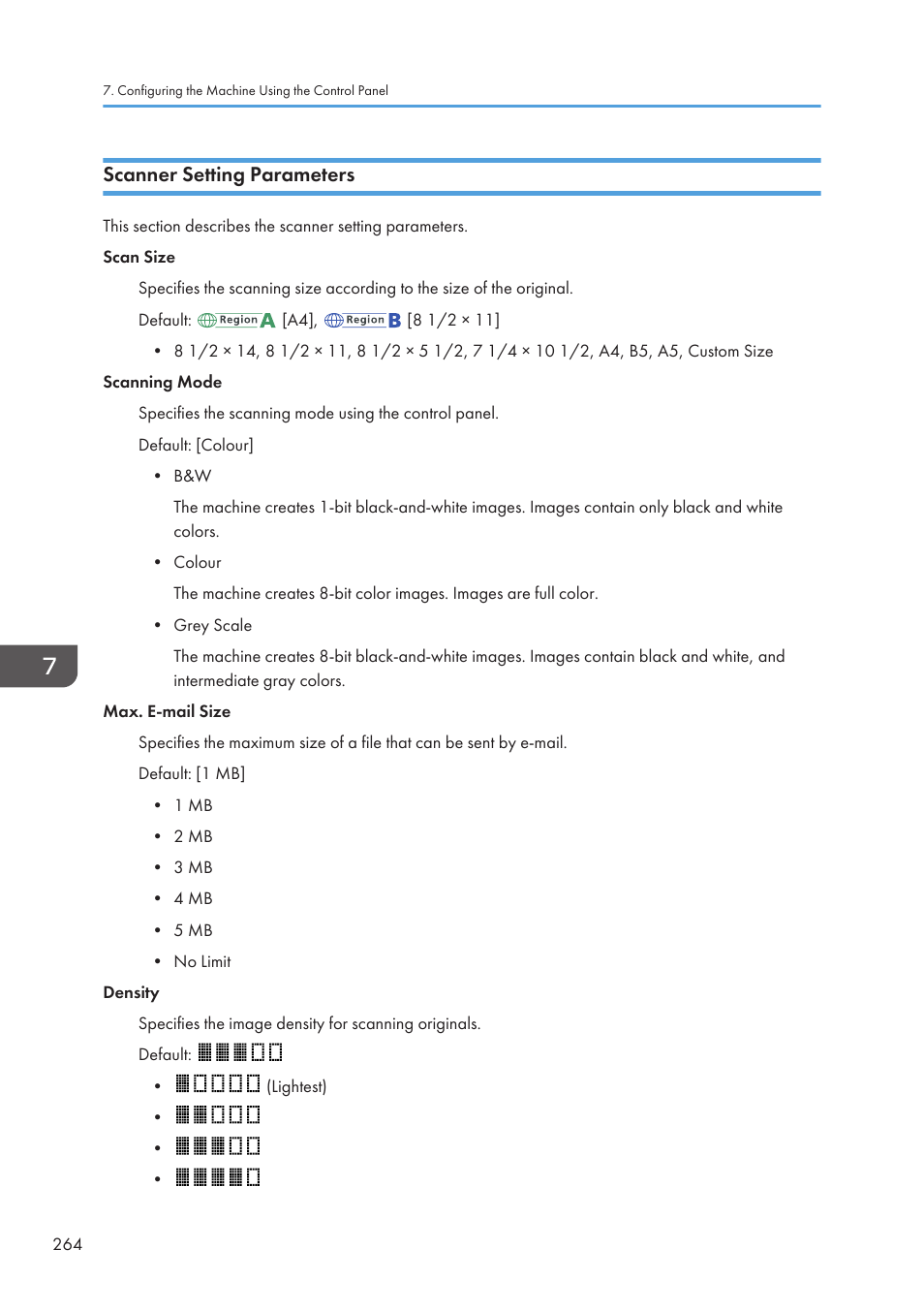 Scanner setting parameters | Ricoh SP3510SF User Manual | Page 266 / 476