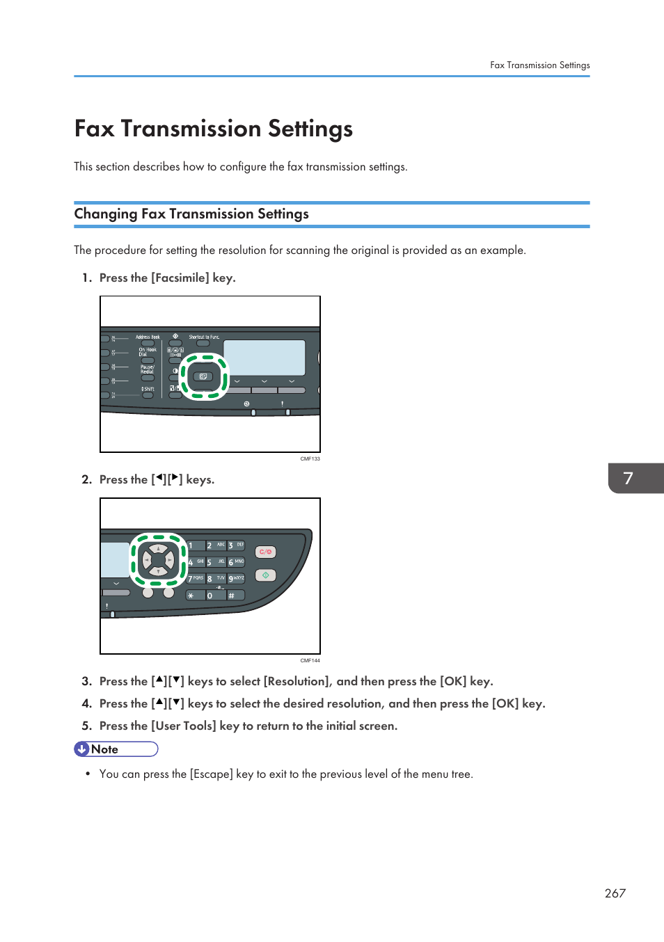 Fax transmission settings, Changing fax transmission settings | Ricoh SP3510SF User Manual | Page 269 / 476