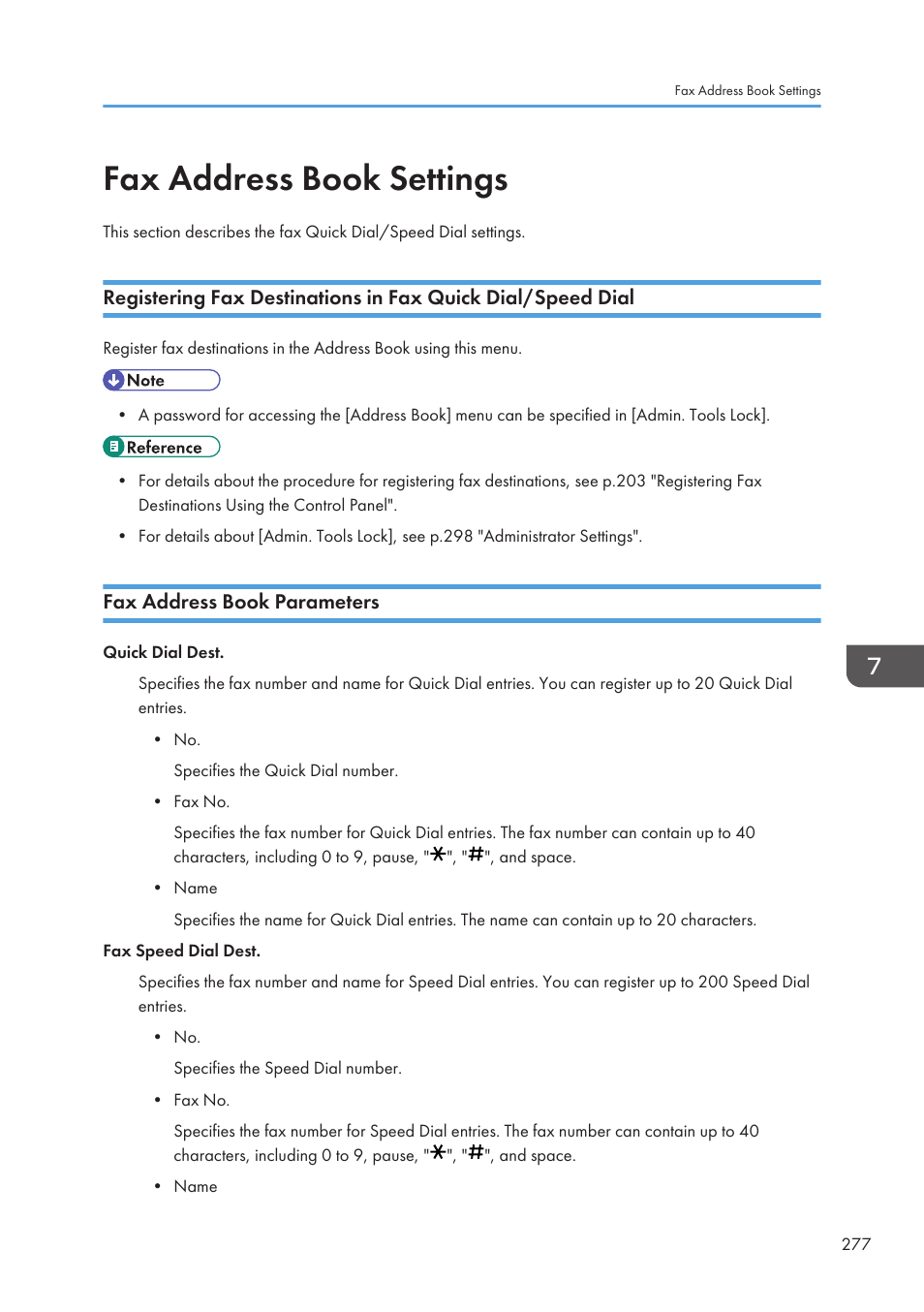 Fax address book settings, Fax address book parameters | Ricoh SP3510SF User Manual | Page 279 / 476
