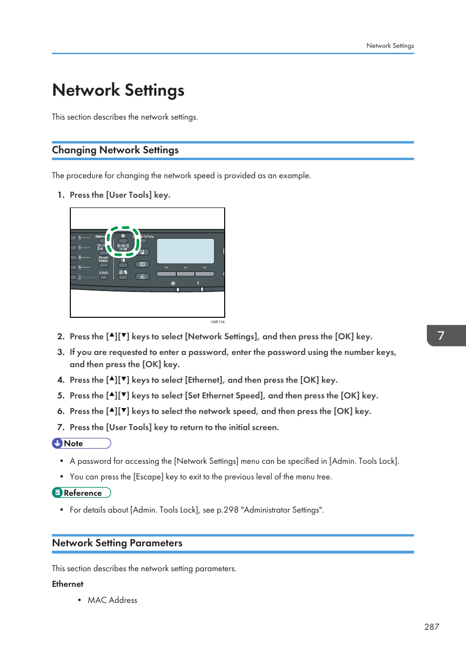 Network settings, Changing network settings, Network setting parameters | Ricoh SP3510SF User Manual | Page 289 / 476