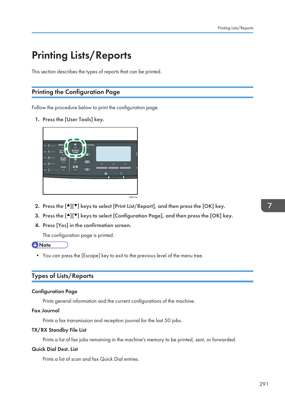 Printing lists/reports, Types of lists/reports, Printing the configuration page | Ricoh SP3510SF User Manual | Page 293 / 476