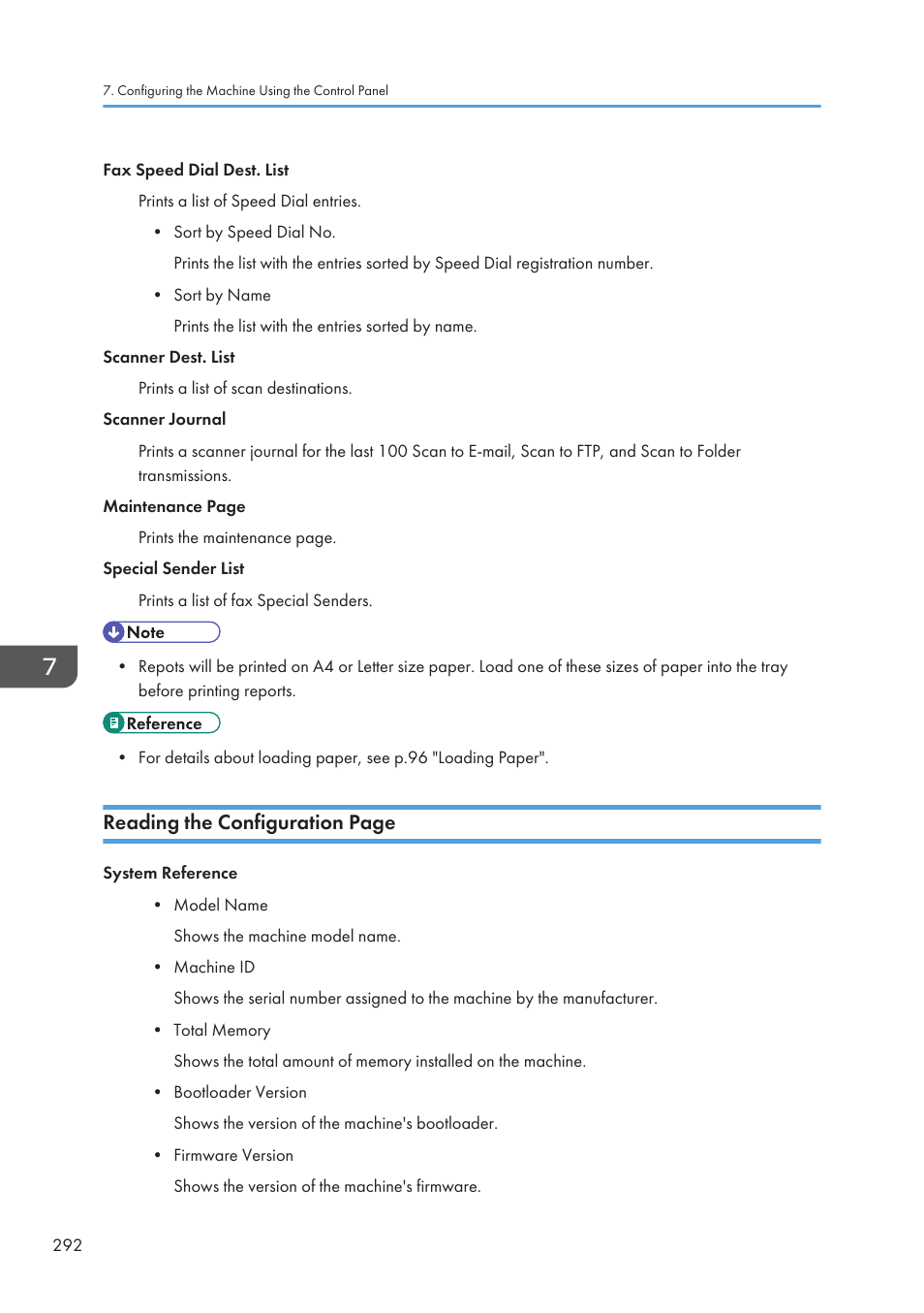 Reading the configuration page | Ricoh SP3510SF User Manual | Page 294 / 476
