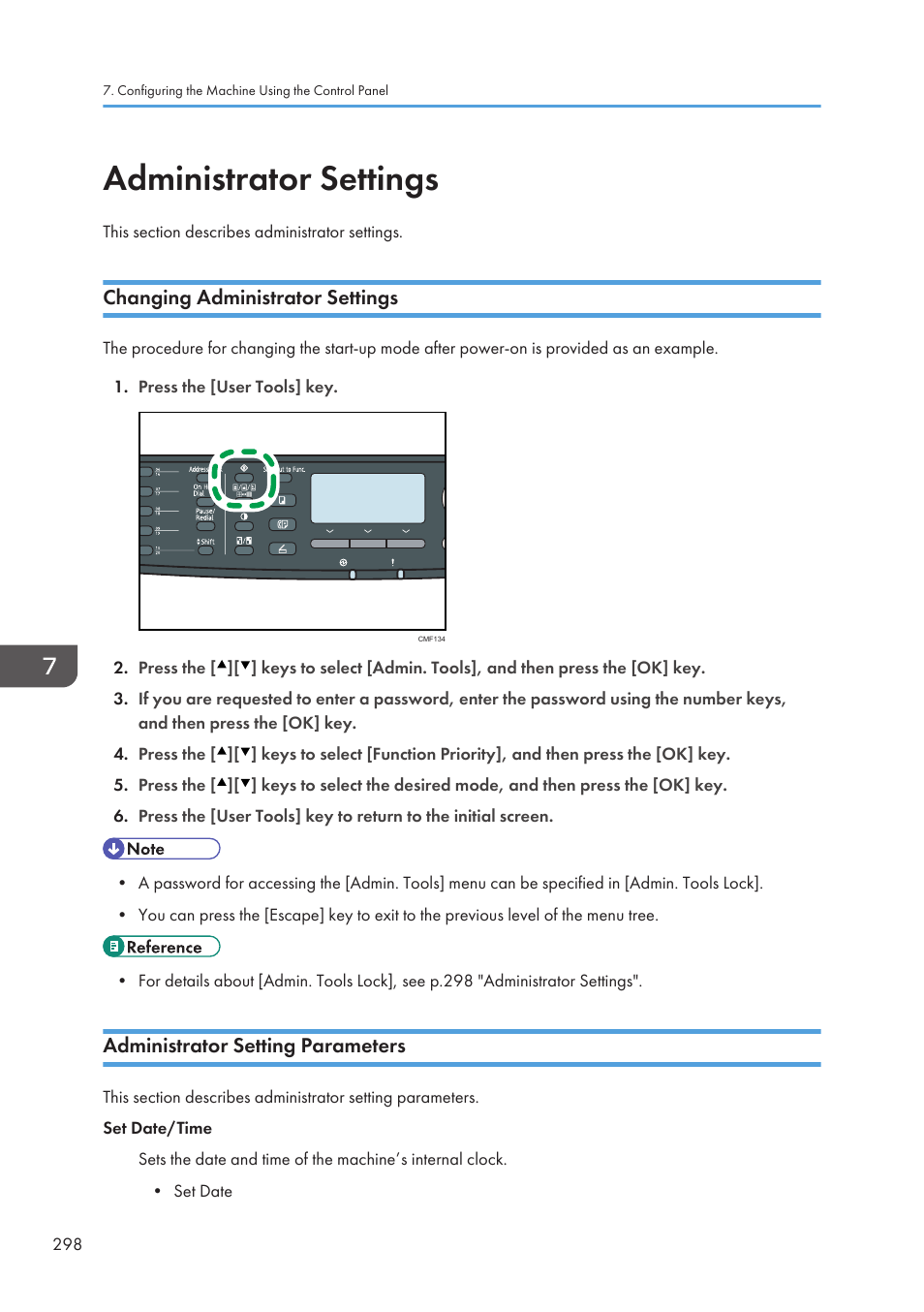 Administrator settings, Changing administrator settings, Administrator setting parameters | Ricoh SP3510SF User Manual | Page 300 / 476