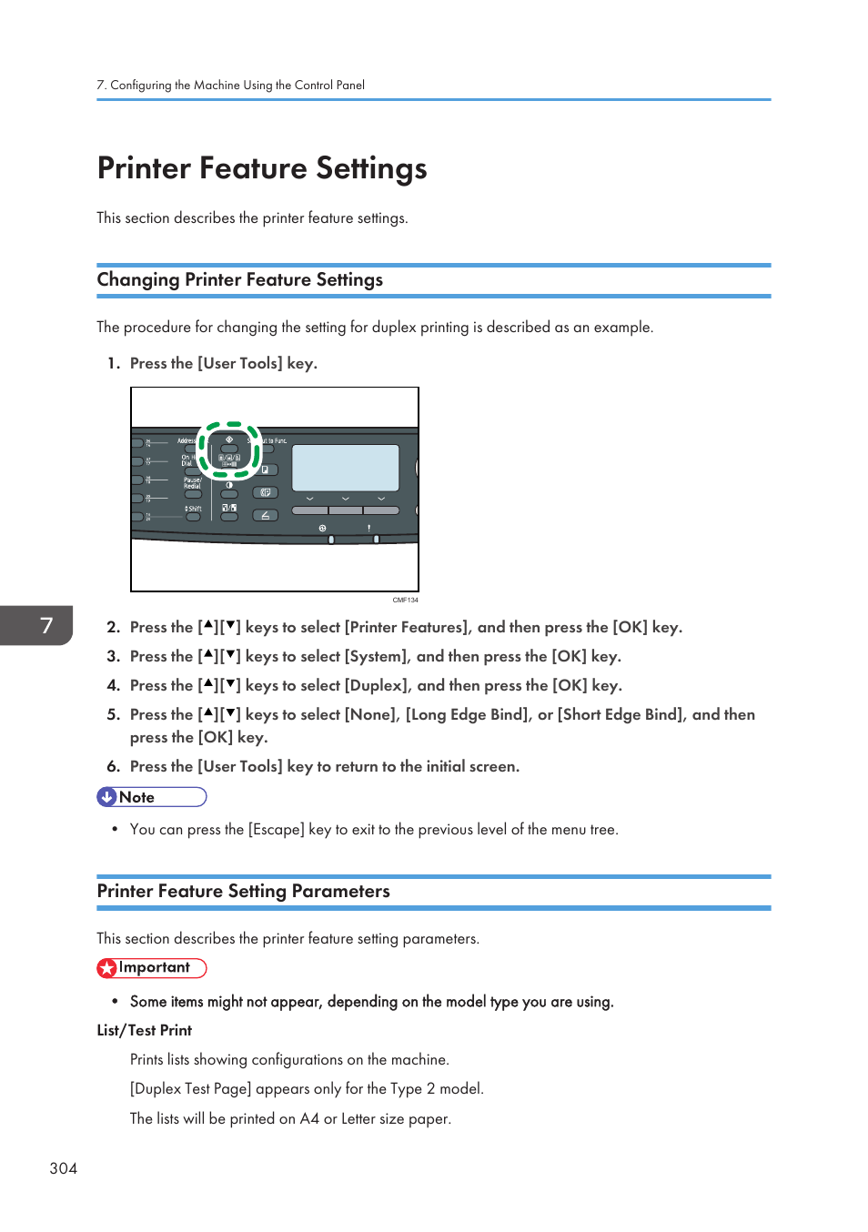 Printer feature settings, Changing printer feature settings, Printer feature setting parameters | Ricoh SP3510SF User Manual | Page 306 / 476