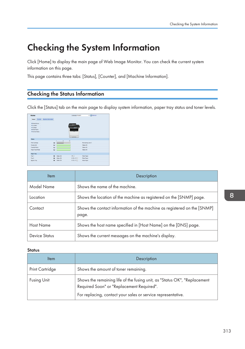 Checking the system information, Checking the status information | Ricoh SP3510SF User Manual | Page 315 / 476