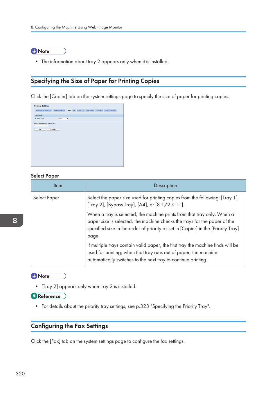 Specifying the size of paper for printing copies, Configuring the fax settings | Ricoh SP3510SF User Manual | Page 322 / 476