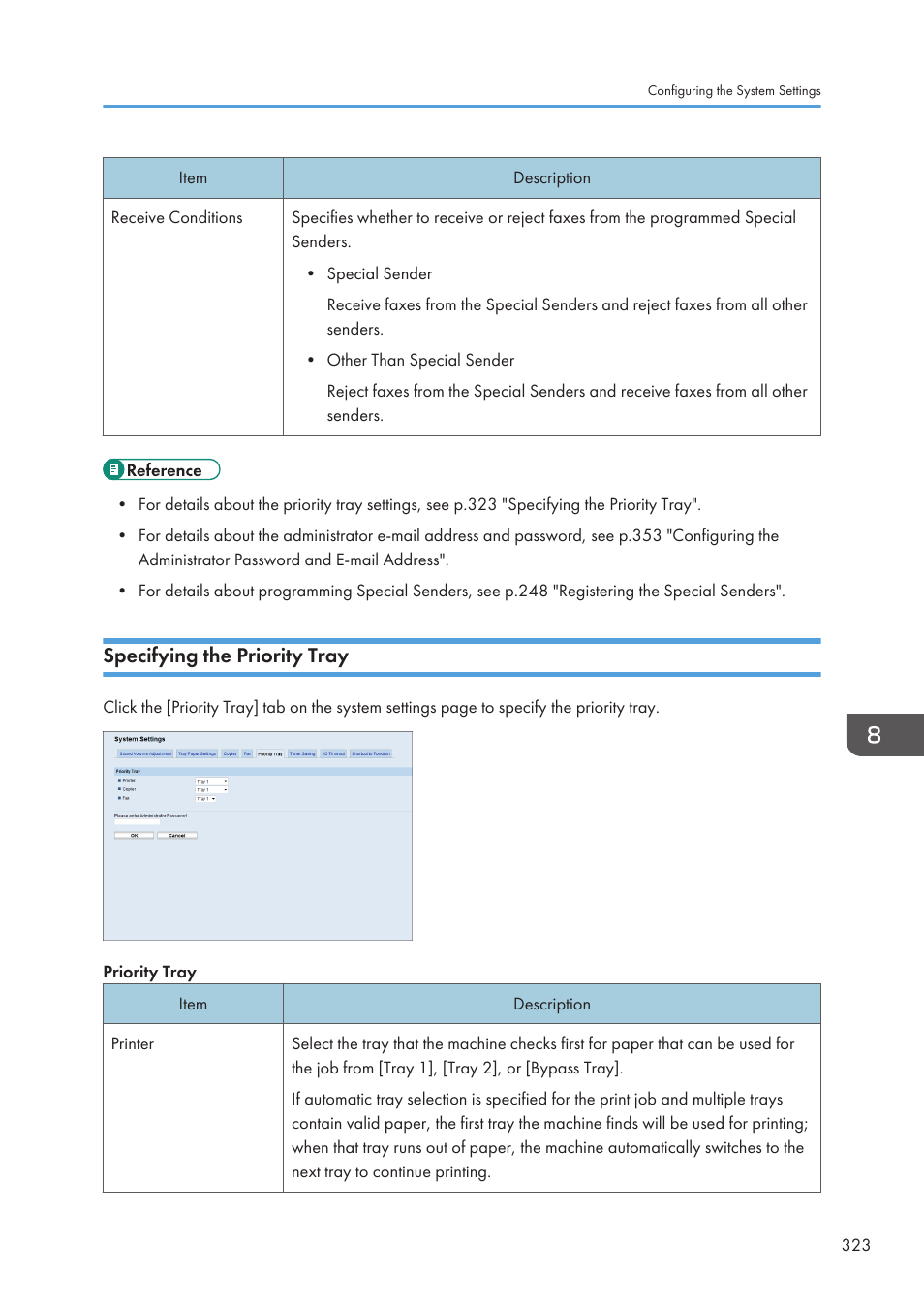 Specifying the priority tray | Ricoh SP3510SF User Manual | Page 325 / 476