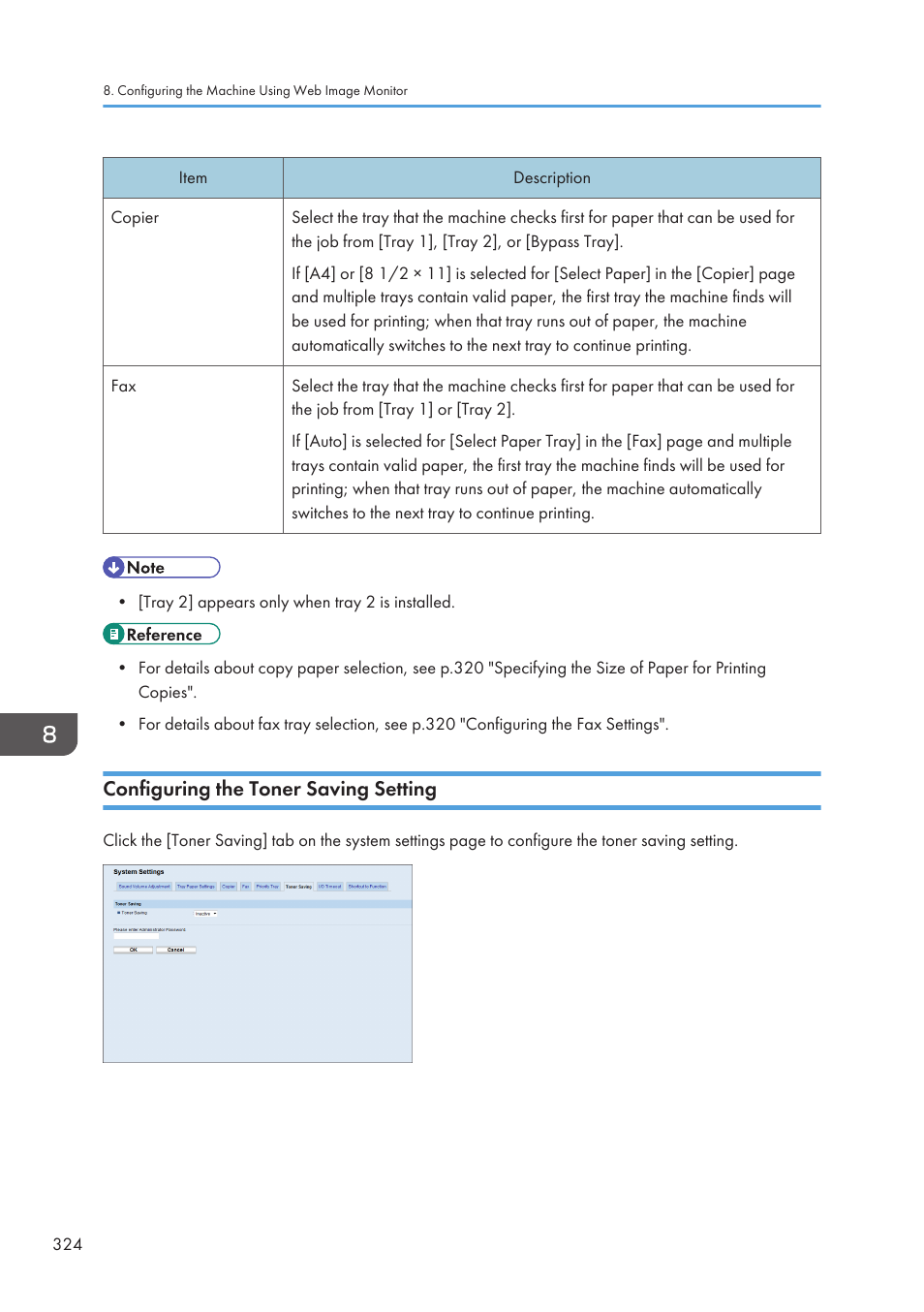 Configuring the toner saving setting | Ricoh SP3510SF User Manual | Page 326 / 476