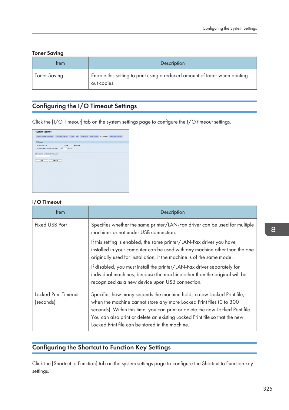 Configuring the i/o timeout settings, Configuring the shortcut to function key settings | Ricoh SP3510SF User Manual | Page 327 / 476