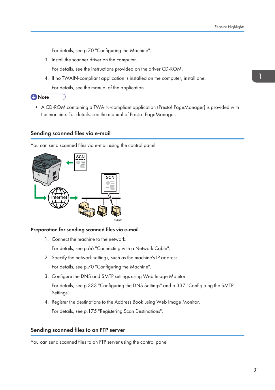 Sending scanned files via e-mail, Sending scanned files to an ftp server | Ricoh SP3510SF User Manual | Page 33 / 476