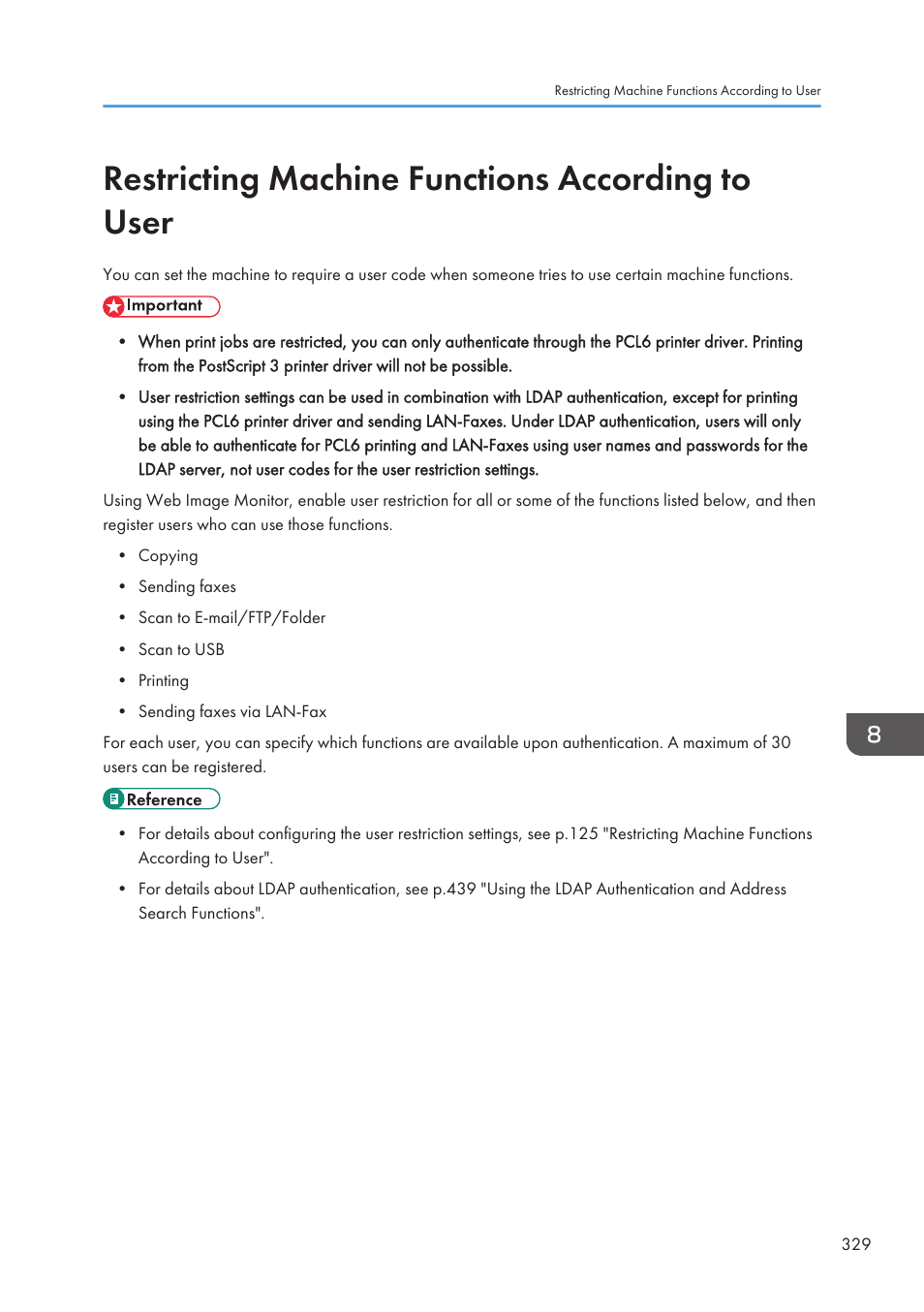 Restricting machine functions according to user | Ricoh SP3510SF User Manual | Page 331 / 476