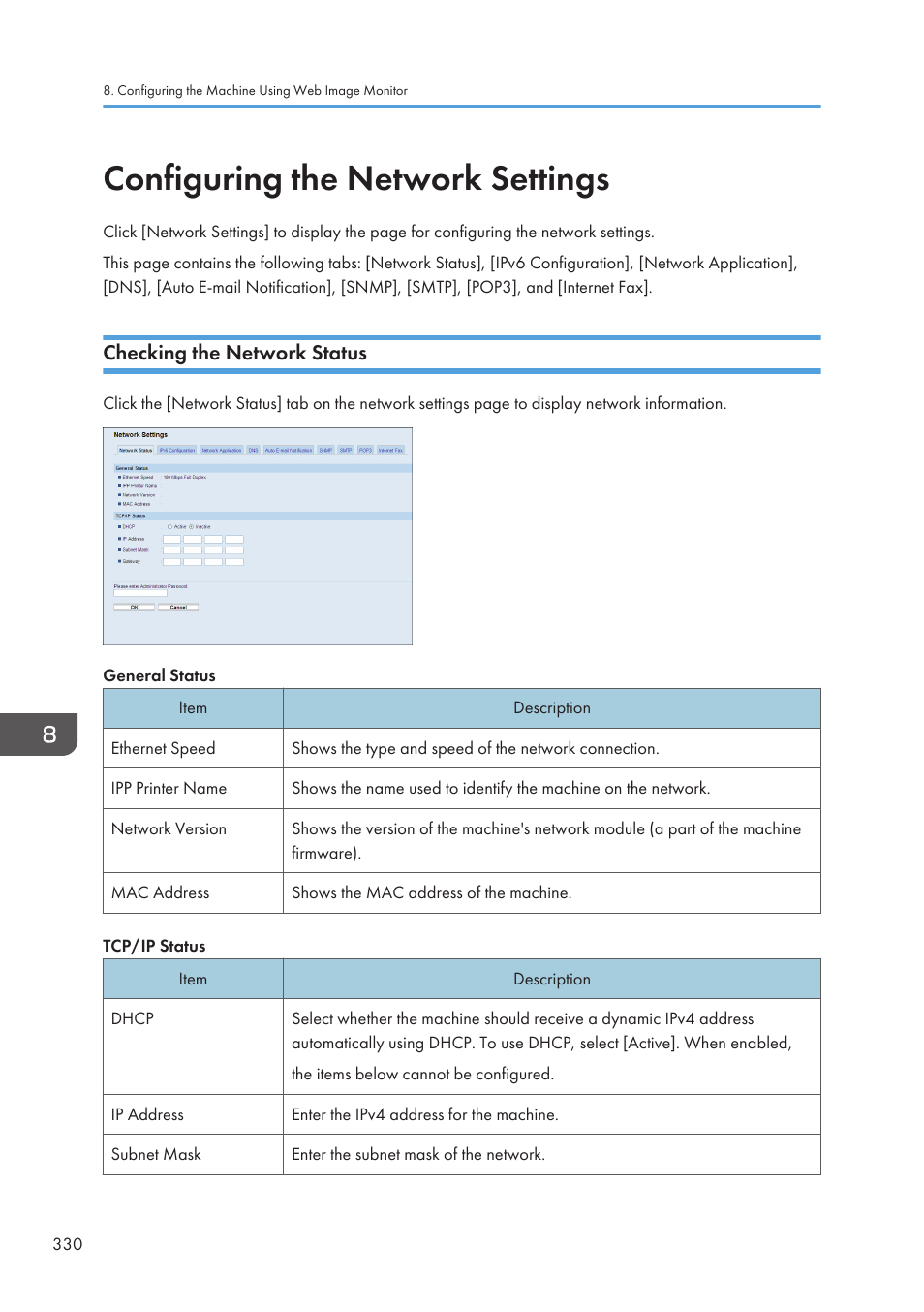 Configuring the network settings, Checking the network status | Ricoh SP3510SF User Manual | Page 332 / 476