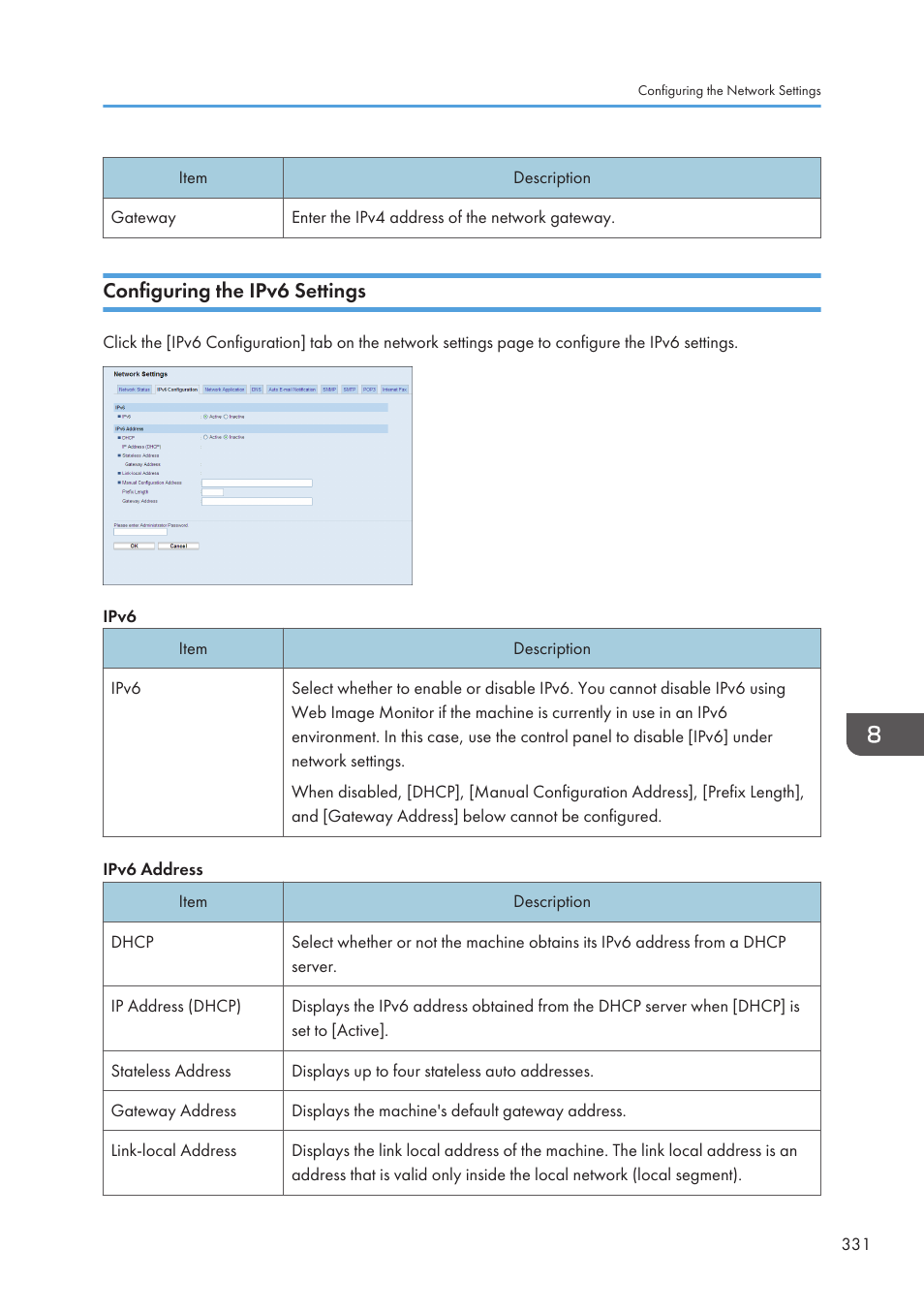 Configuring the ipv6 settings | Ricoh SP3510SF User Manual | Page 333 / 476