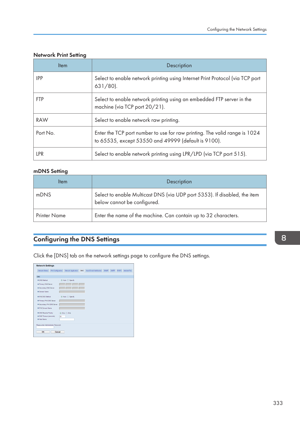 Configuring the dns settings | Ricoh SP3510SF User Manual | Page 335 / 476