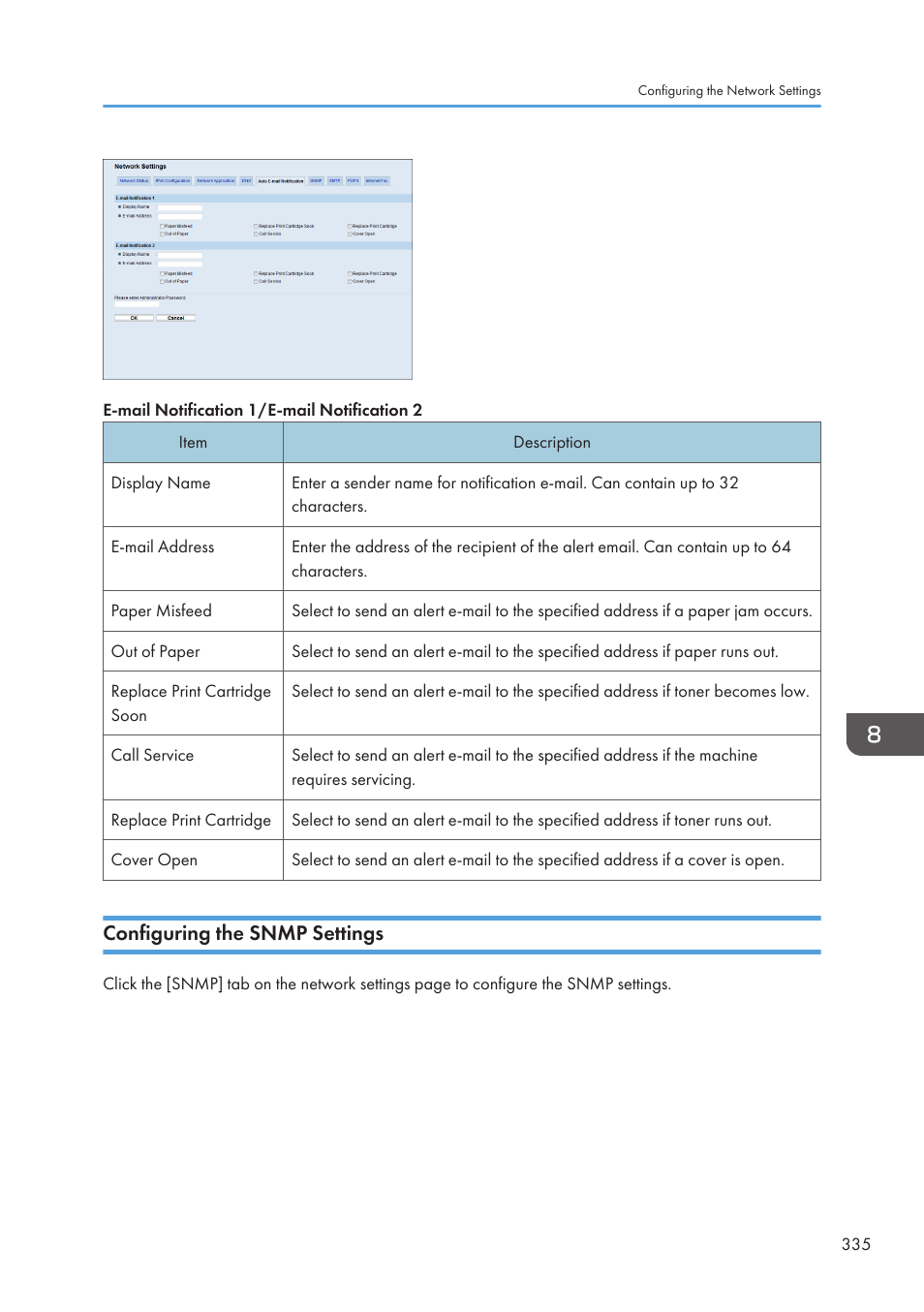 Configuring the snmp settings | Ricoh SP3510SF User Manual | Page 337 / 476