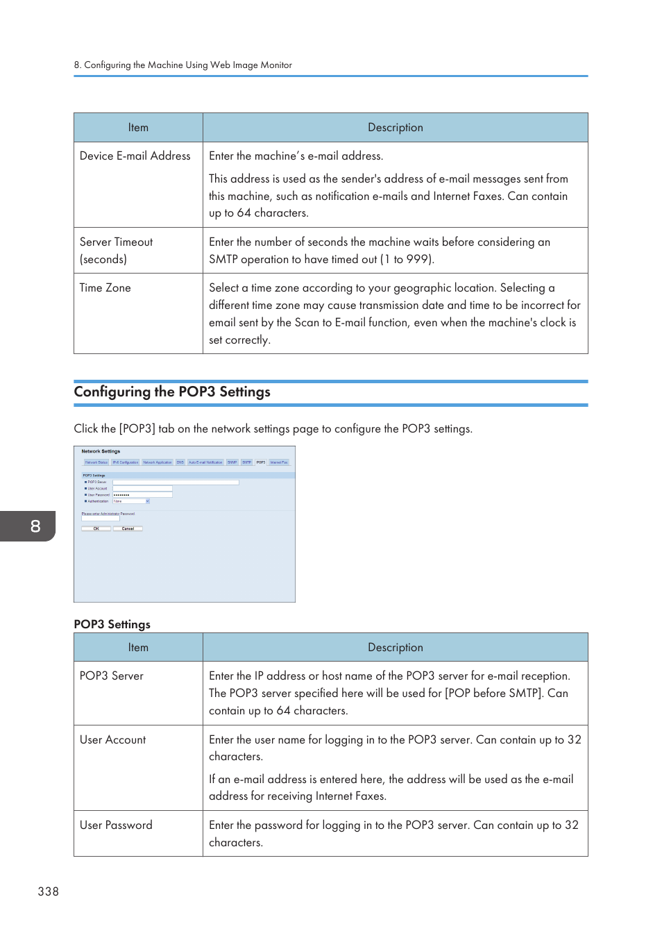 Configuring the pop3 settings | Ricoh SP3510SF User Manual | Page 340 / 476