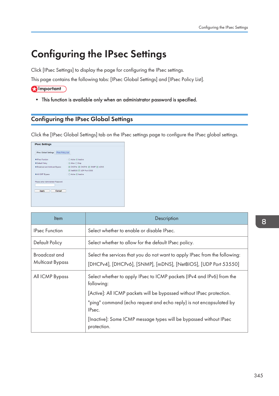 Configuring the ipsec settings, Configuring the ipsec global settings | Ricoh SP3510SF User Manual | Page 347 / 476