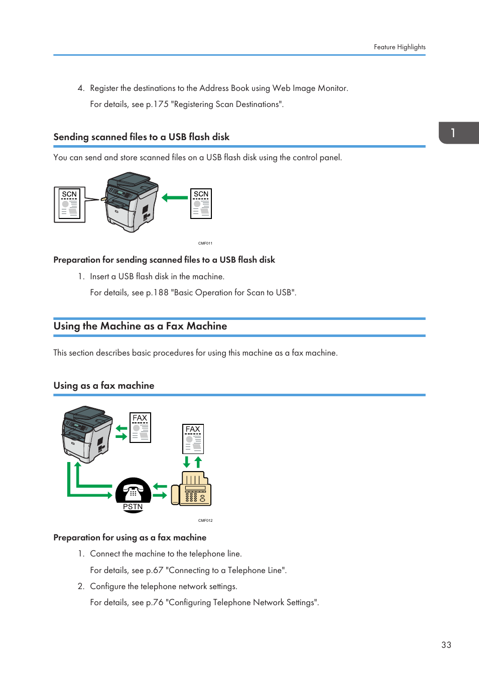 Sending scanned files to a usb flash disk, Using the machine as a fax machine, Using as a fax machine | Ricoh SP3510SF User Manual | Page 35 / 476