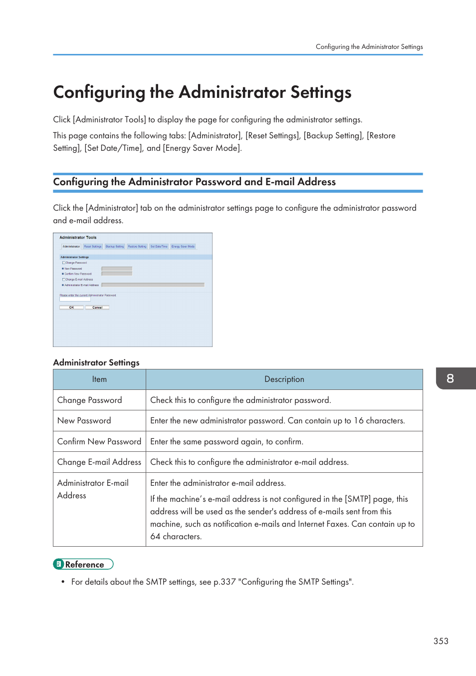 Configuring the administrator settings, Administrator password and e-mail address | Ricoh SP3510SF User Manual | Page 355 / 476