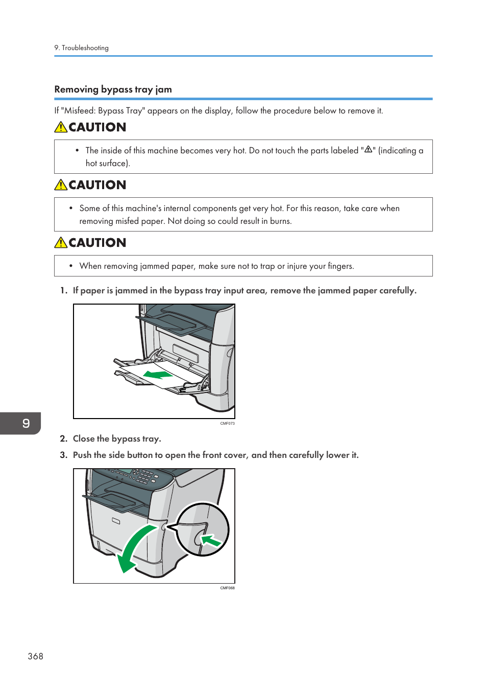 Removing bypass tray jam | Ricoh SP3510SF User Manual | Page 370 / 476