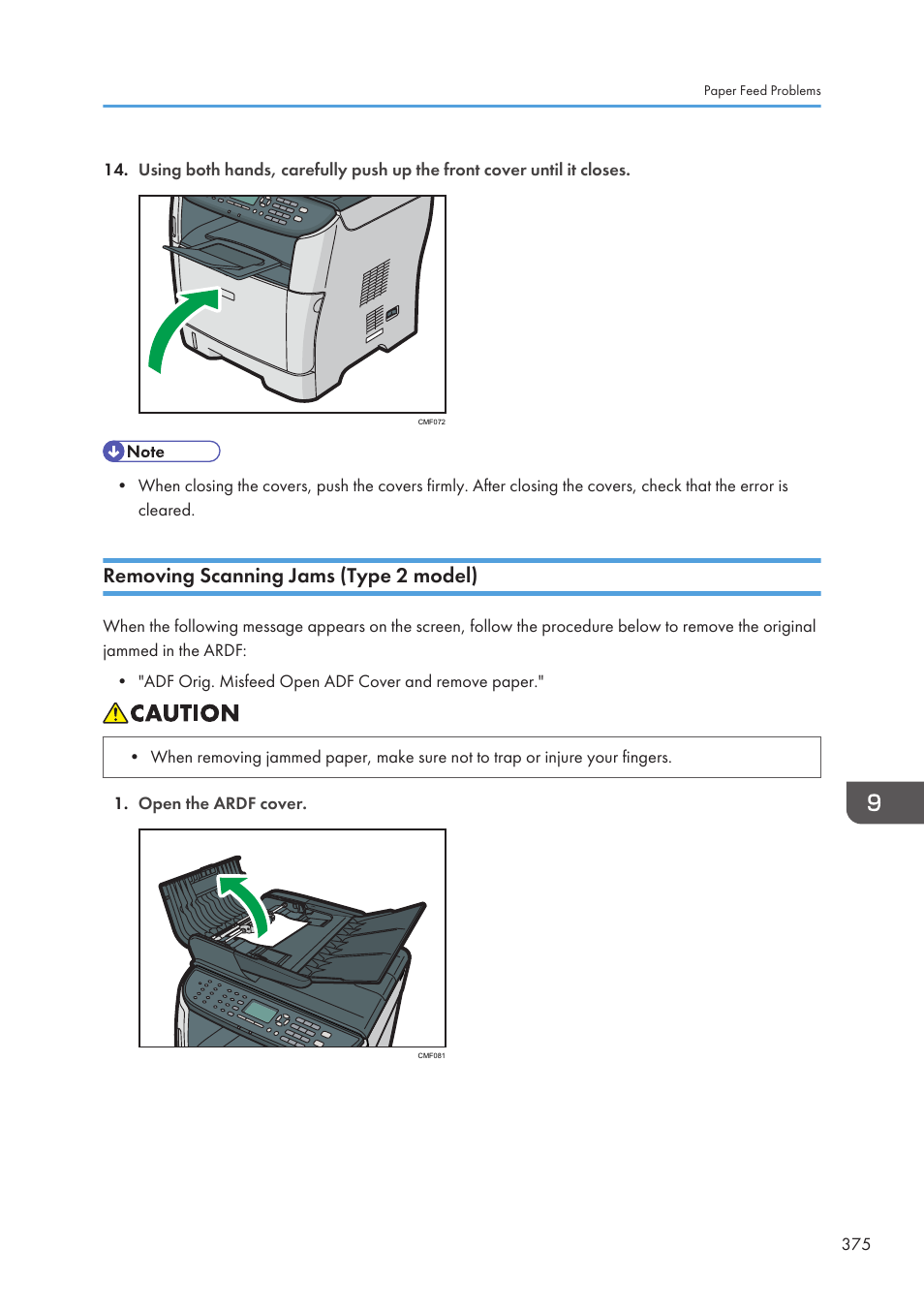 Removing scanning jams (type 2 model) | Ricoh SP3510SF User Manual | Page 377 / 476